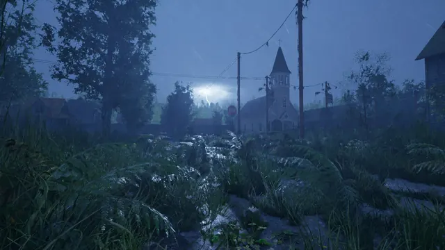 Église sous la pluie, de nuit